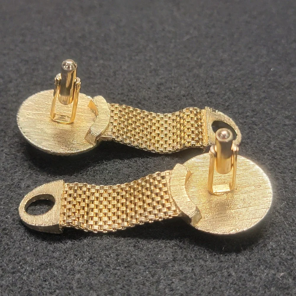 Swank Cufflinks Brown Gold Vintage 1960s Ceramic Delft Windmill Mesh Wrap